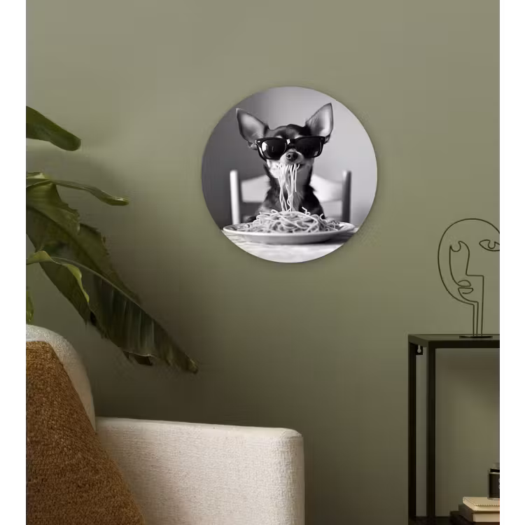 Chihuahua - Hond - Zonnebril - Humoristisch - Zwart - Wit - Spaghetti Wandcirkel kunststof plaat 5mm dik klein -sfeer3