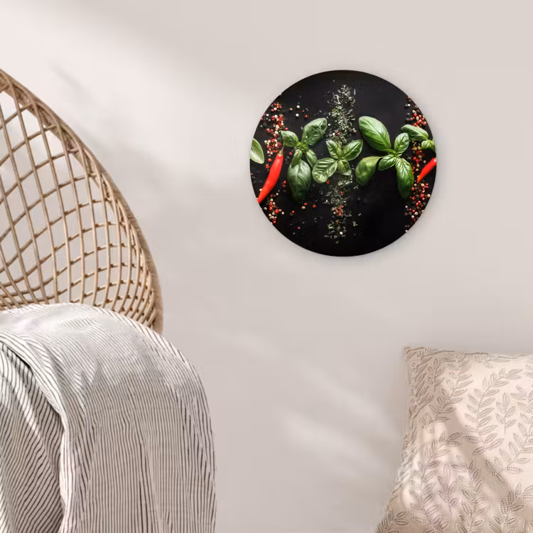 Chilipepers - Basilicum - Blaadjes - Rood Wandcirkel kunststof plaat 5mm dik klein -sfeer5