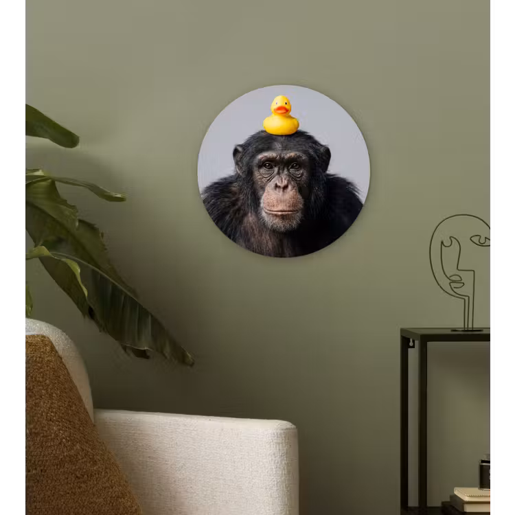Chimpansee - Badeend - Grijs Wandcirkel kunststof plaat 5mm dik klein -sfeer3