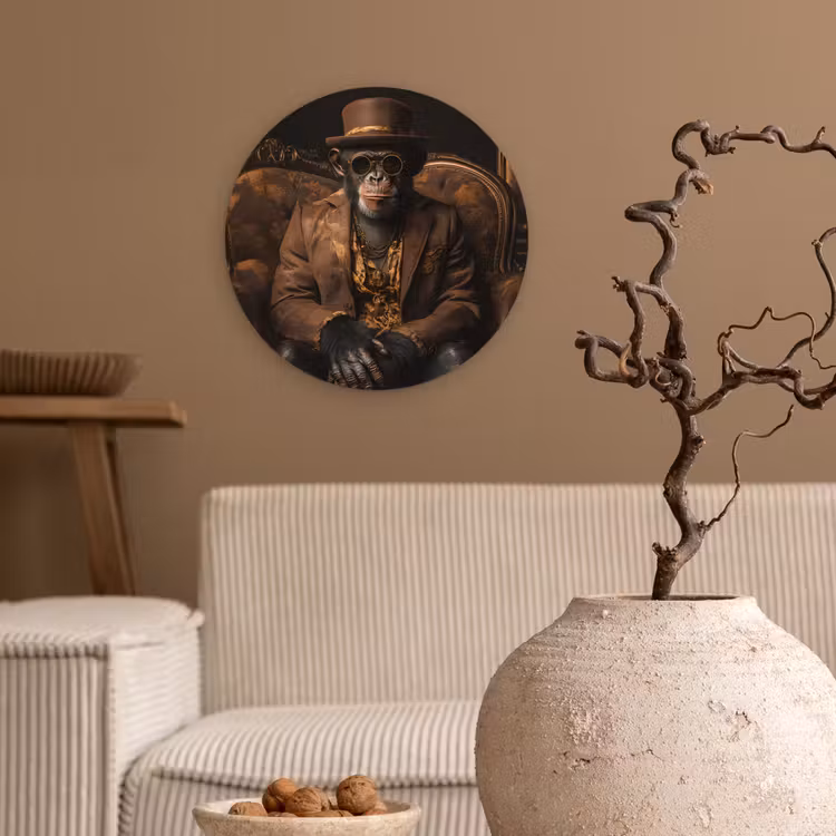 Chimpansee - Stoel - Pak - Bruin Wandcirkel kunststof plaat 5mm dik klein -sfeer1