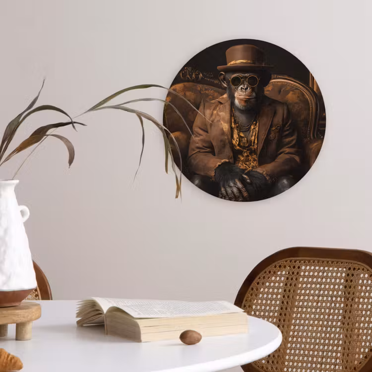 Chimpansee - Stoel - Pak - Bruin Wandcirkel kunststof plaat 5mm dik klein -sfeer4