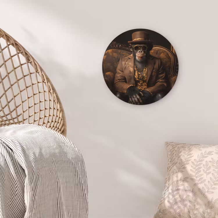Chimpansee - Stoel - Pak - Bruin Wandcirkel kunststof plaat 5mm dik klein -sfeer5
