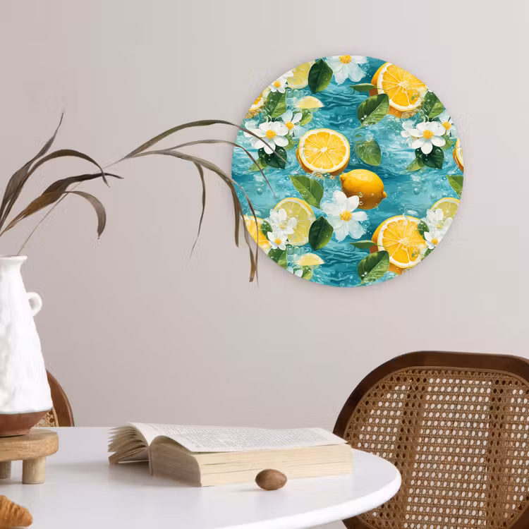 Citroen - Bloemen - Bruisend - Water Wandcirkel kunststof plaat 5mm dik klein 188 -sfeer4