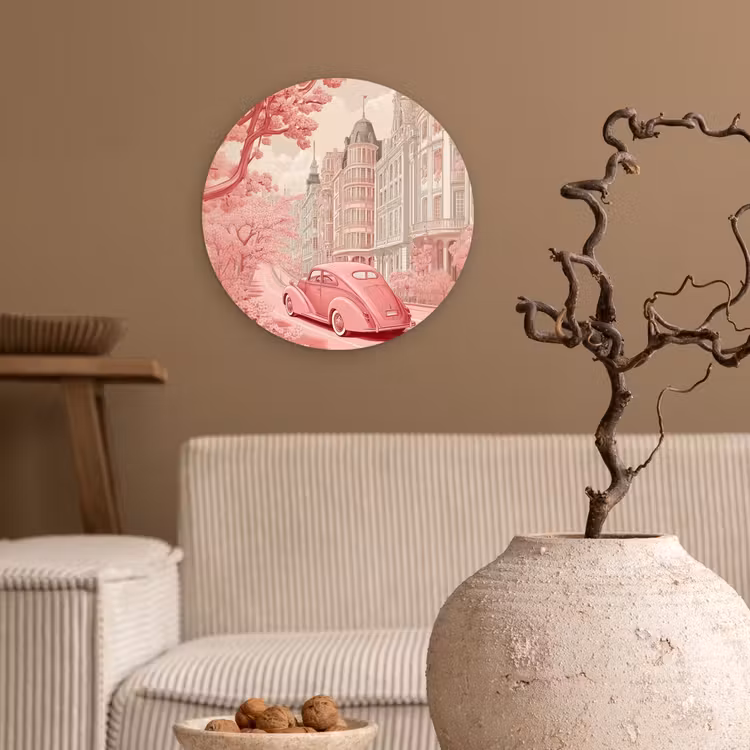 City - Car - Pink Wandcirkel kunststof plaat 5mm dik klein -sfeer1