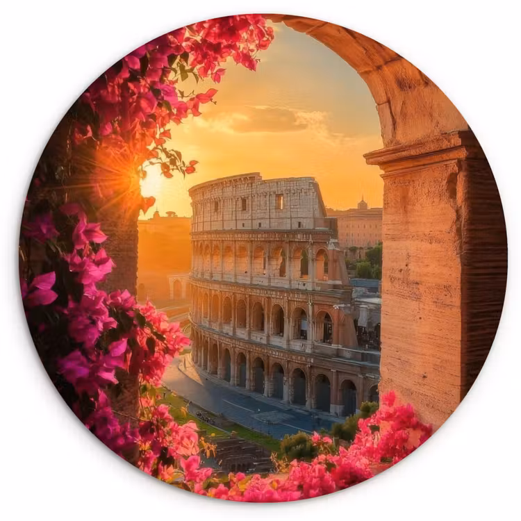 Colosseum - Rome - Roze Bloemen Wandcirkel kunststof plaat 5mm dik klein -3d