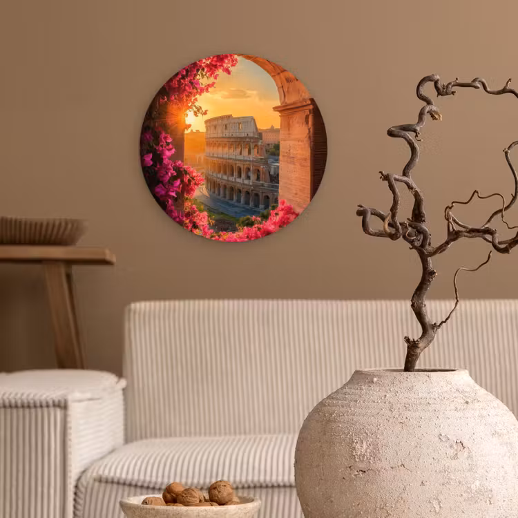 Colosseum - Rome - Roze Bloemen Wandcirkel kunststof plaat 5mm dik klein -sfeer1