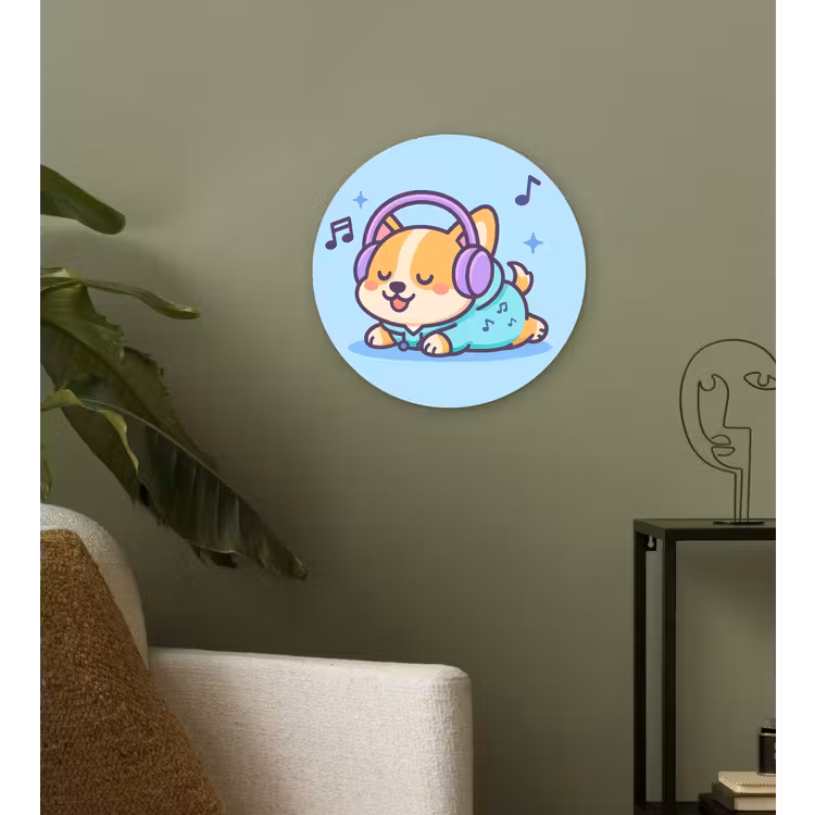 Corgi - Koptelefoon - Blauw - Muzieknoten Wandcirkel kunststof plaat 5mm dik klein -sfeer3