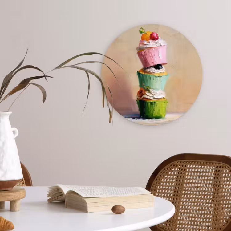 Cupcakes - Gestapeld - Kleurrijk - Fruit Wandcirkel kunststof plaat 5mm dik klein -sfeer4
