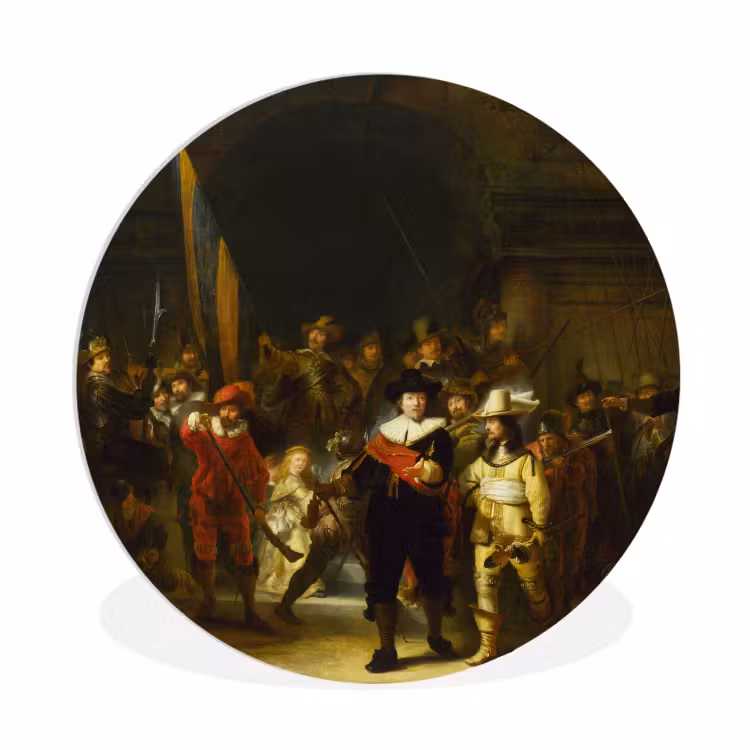 De Nachtwacht - Rembrandt van Rijn Wandcirkel kunststof plaat 5mm dik klein -3d