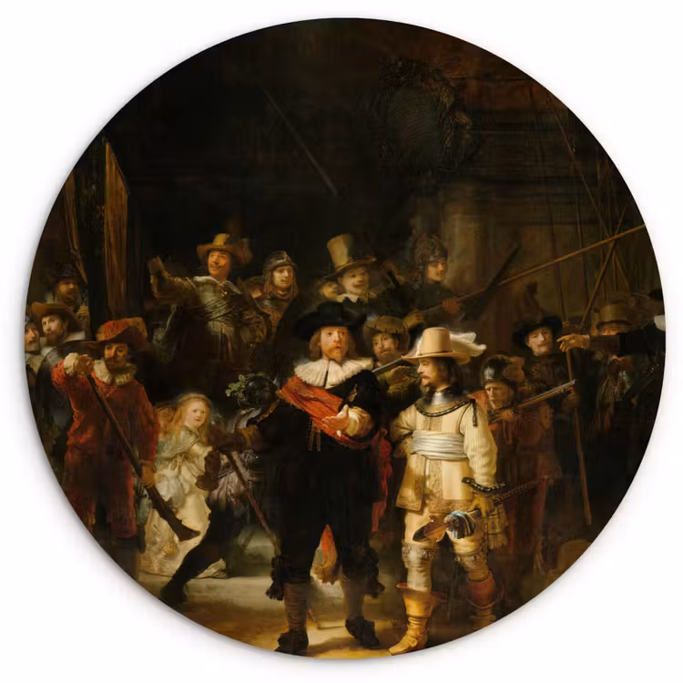De Nachtwacht - Schilderij van Rembrandt van Rijn Wandcirkel kunststof plaat 5mm dik klein -3d