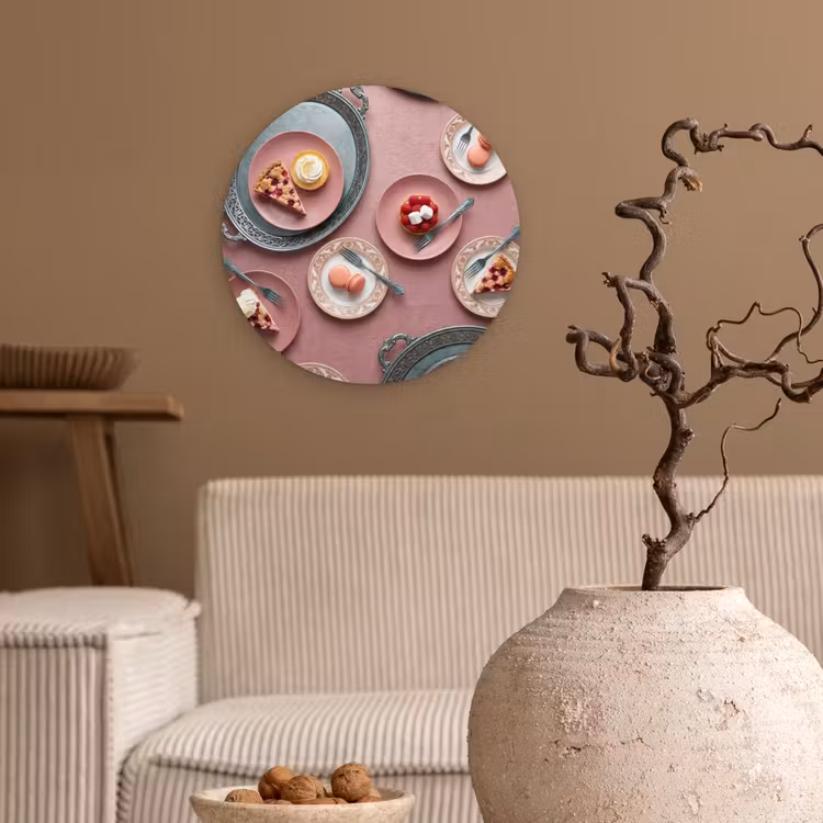 Dessert - Taart - Gebak - Zoet - Roze Wandcirkel kunststof plaat 5mm dik klein -sfeer1
