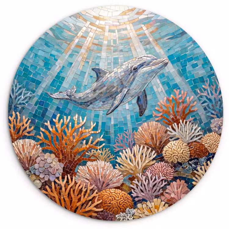 Dieren - Mozaïek - Oceaan - Koraal - Blauw Wandcirkel kunststof plaat 5mm dik klein -3d