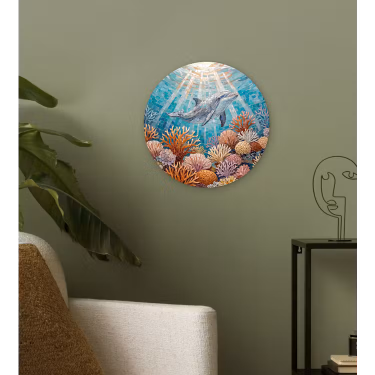 Dieren - Mozaïek - Oceaan - Koraal - Blauw Wandcirkel kunststof plaat 5mm dik klein -sfeer3