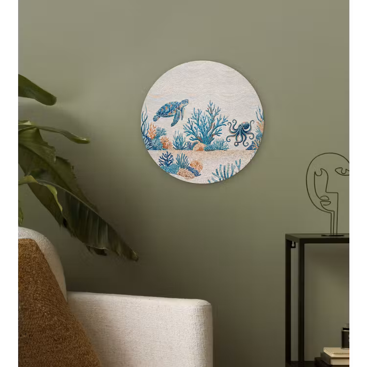 Dieren - Onderwater - Natuur - Mozaïek - Blauw Wandcirkel kunststof plaat 5mm dik klein -sfeer3