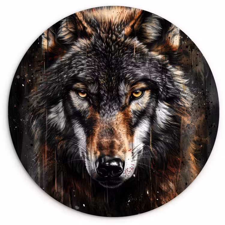 Dieren - Wolf - Portret - Zwart - Bruin Wandcirkel kunststof plaat 5mm dik klein -3d