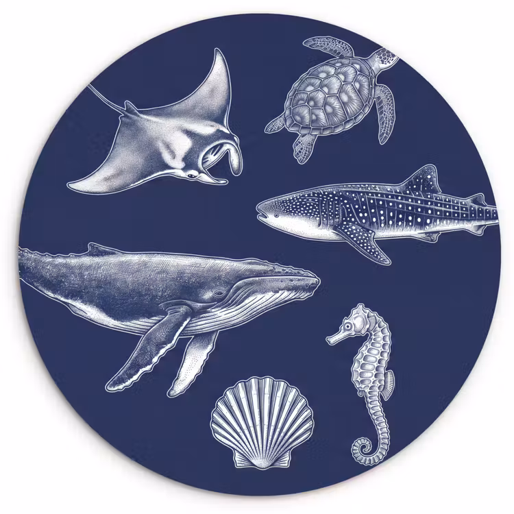 Dieren - Zeeleven - Oceaan - Graveren - Blauw Wandcirkel kunststof plaat 5mm dik klein -3d