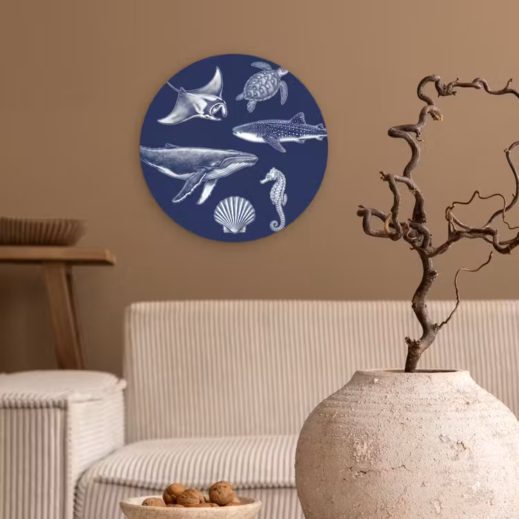 Dieren - Zeeleven - Oceaan - Graveren - Blauw Wandcirkel kunststof plaat 5mm dik klein -sfeer1