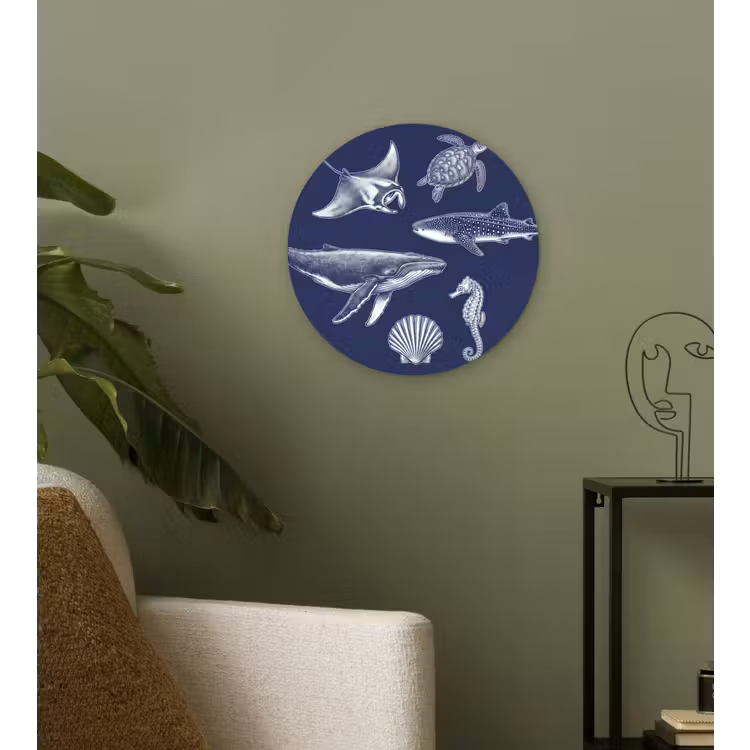 Dieren - Zeeleven - Oceaan - Graveren - Blauw Wandcirkel kunststof plaat 5mm dik klein -sfeer3