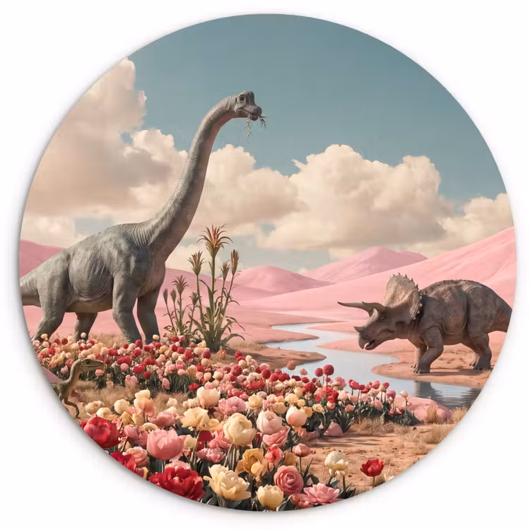 Muurcirkel - Dinosaurus - Roze - Landschap - Dinosaurus - Roze - Landschap Wandcirkel kunststof plaat 5mm dik klein