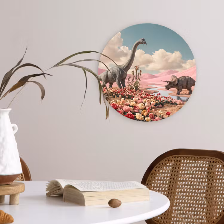 Muurcirkel - Dinosaurus - Roze - Landschap - Dinosaurus - Roze - Landschap Wandcirkel kunststof plaat 5mm dik klein