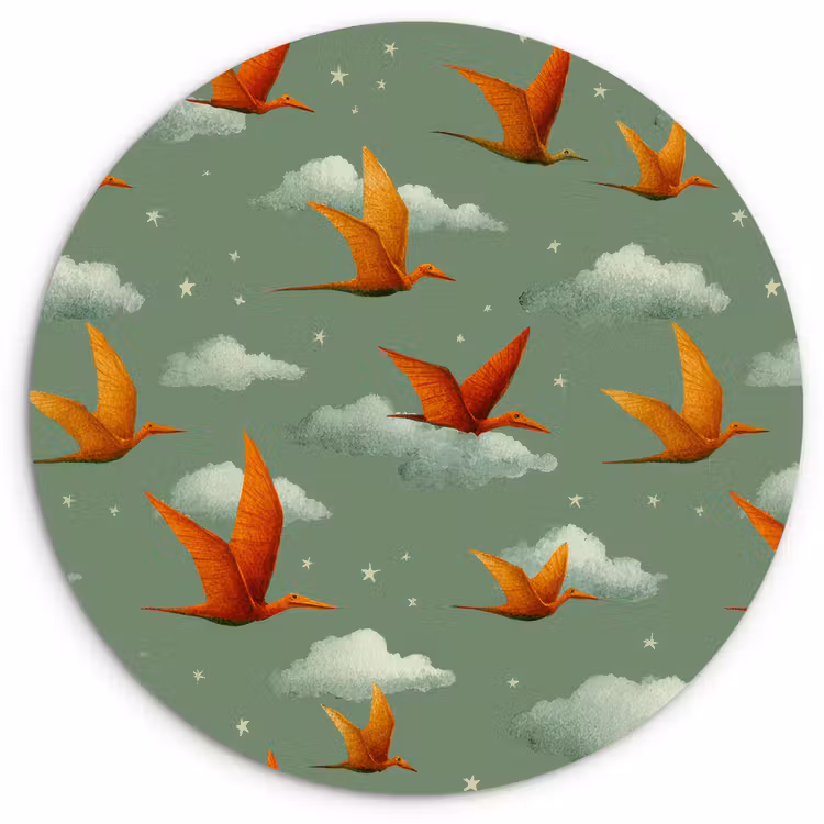 Dinosaurussen - Wolken - Sterren - Oranje Wandcirkel kunststof plaat 5mm dik klein -3d
