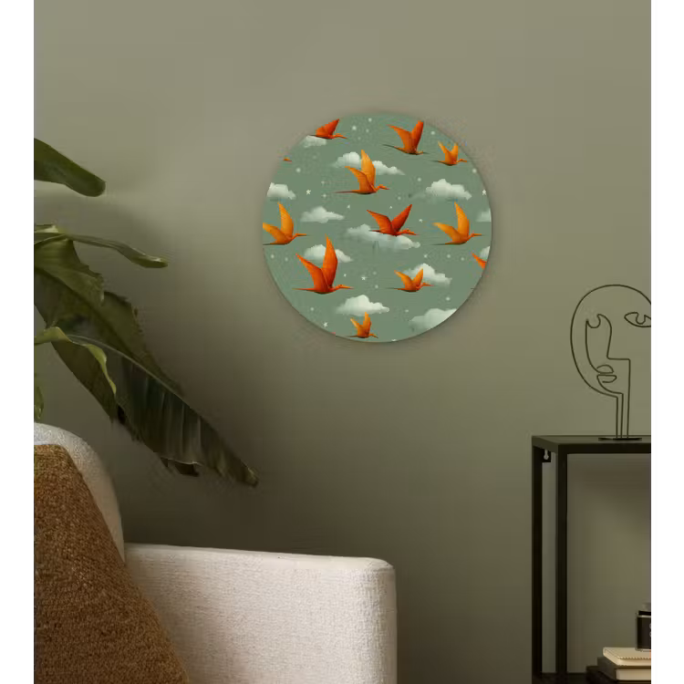Dinosaurussen - Wolken - Sterren - Oranje Wandcirkel kunststof plaat 5mm dik klein -sfeer3