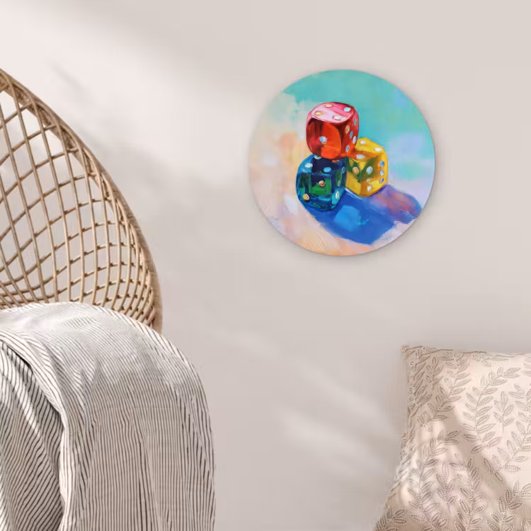 Dobbelstenen - Kleurrijk - Getallen - Stipjes Wandcirkel kunststof plaat 5mm dik klein -sfeer5