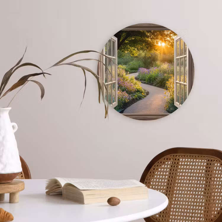 Doorkijk - Bloemen - Natuur - Zon - Pad Wandcirkel kunststof plaat 5mm dik klein -sfeer4