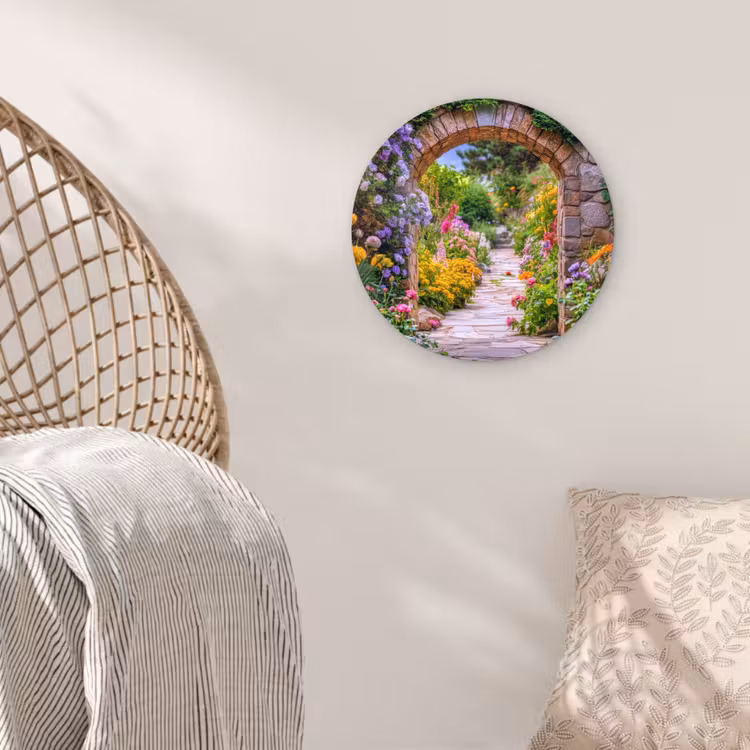 Doorkijk - Bloemen - Pad - Natuur Wandcirkel kunststof plaat 5mm dik klein -sfeer5