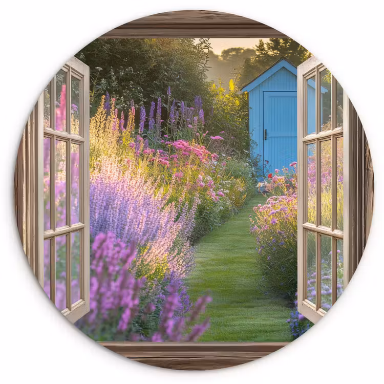 Doorkijk - Bloemen - Raam - Natuur Wandcirkel kunststof plaat 5mm dik klein -3d