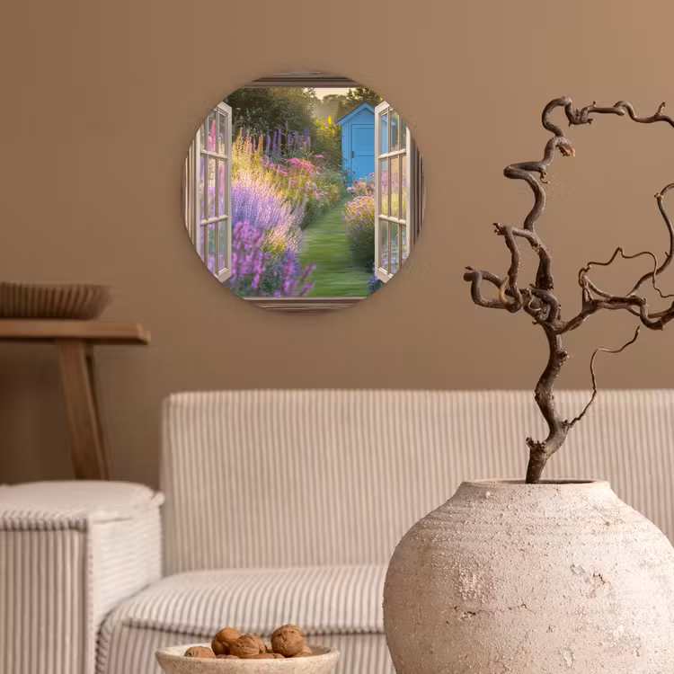 Doorkijk - Bloemen - Raam - Natuur Wandcirkel kunststof plaat 5mm dik klein -sfeer1