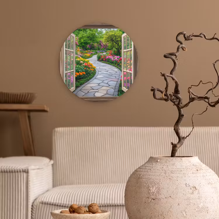 Doorkijk - Bloemen - Tuinpad - Natuur - Raam Wandcirkel kunststof plaat 5mm dik klein -sfeer1
