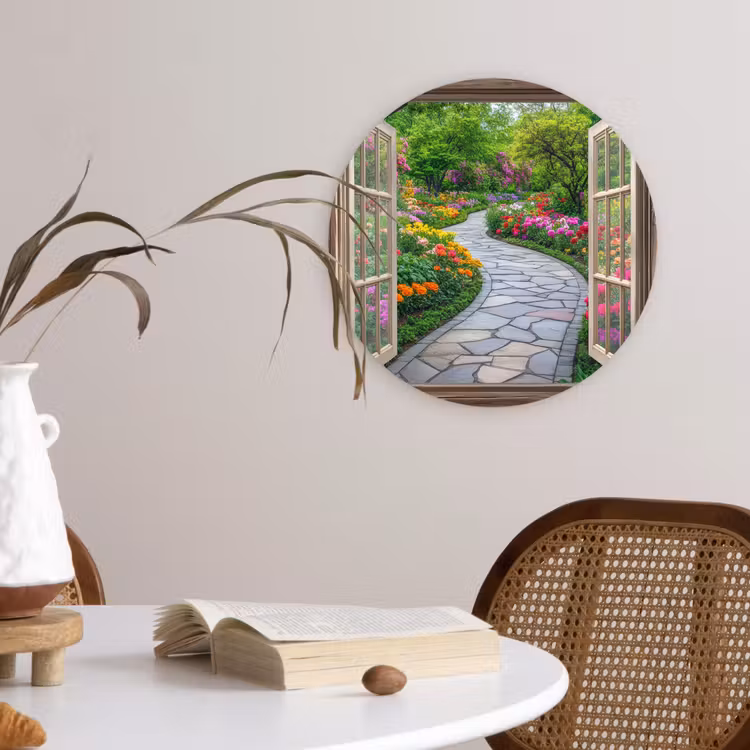 Doorkijk - Bloemen - Tuinpad - Natuur - Raam Wandcirkel kunststof plaat 5mm dik klein -sfeer4