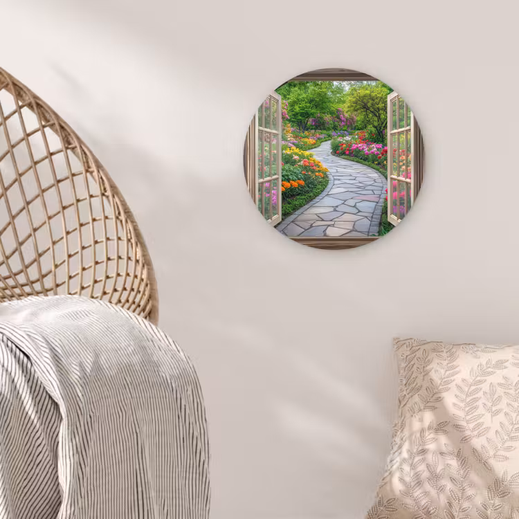 Doorkijk - Bloemen - Tuinpad - Natuur - Raam Wandcirkel kunststof plaat 5mm dik klein -sfeer5