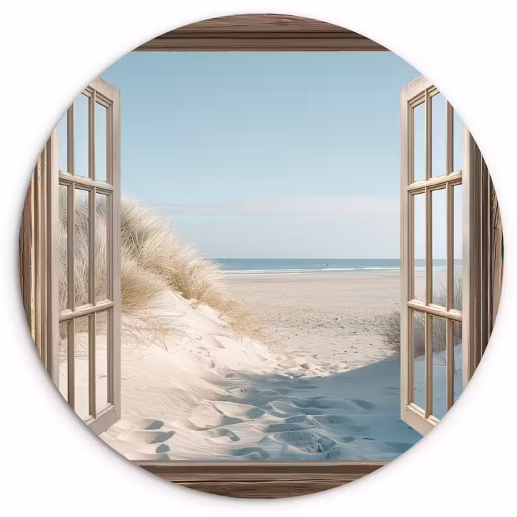 Doorkijk - Helmgras - Duinen - Zee - Landschap Wandcirkel kunststof plaat 5mm dik klein -3d