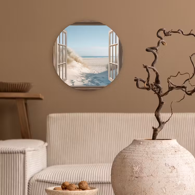 Doorkijk - Helmgras - Duinen - Zee - Landschap Wandcirkel kunststof plaat 5mm dik klein -sfeer1