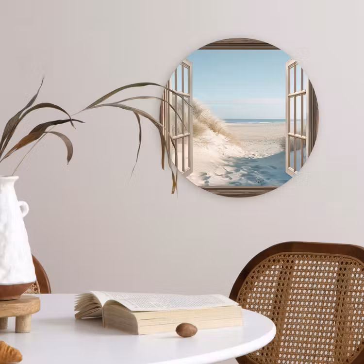 Doorkijk - Helmgras - Duinen - Zee - Landschap Wandcirkel kunststof plaat 5mm dik klein -sfeer4