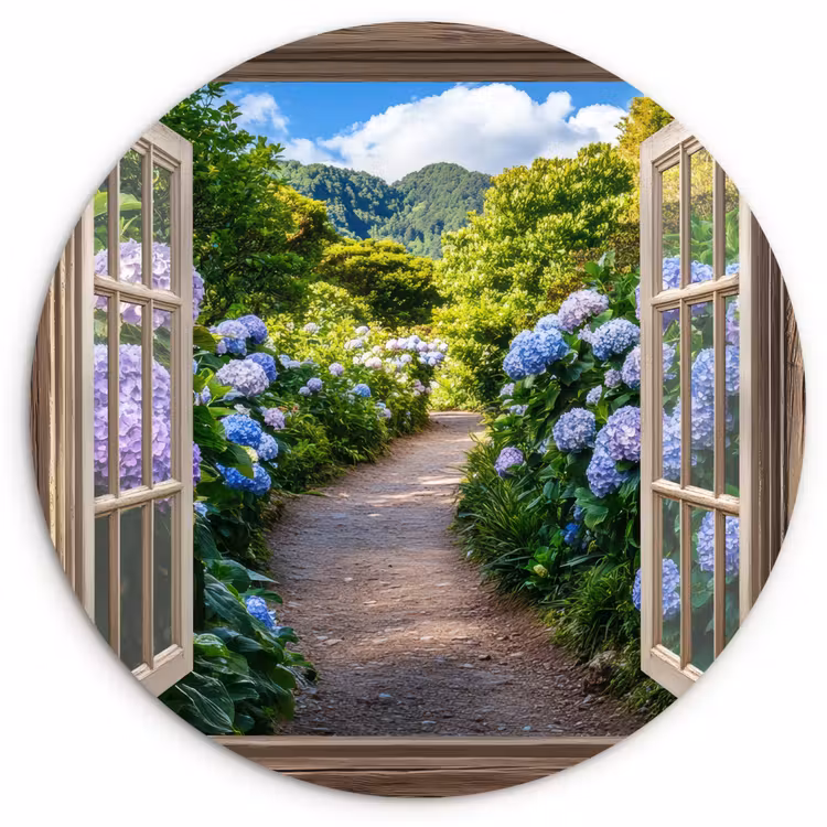 Doorkijk - Hortensia - Pad - Natuur Wandcirkel kunststof plaat 5mm dik klein -3d