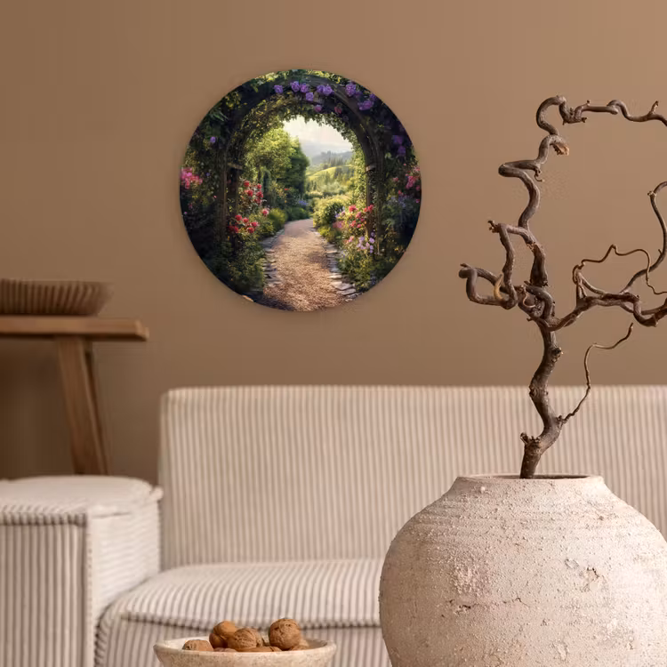 Doorkijk - Landschap - Bloemen - Tuinboog - Natuur Wandcirkel kunststof plaat 5mm dik klein -sfeer1