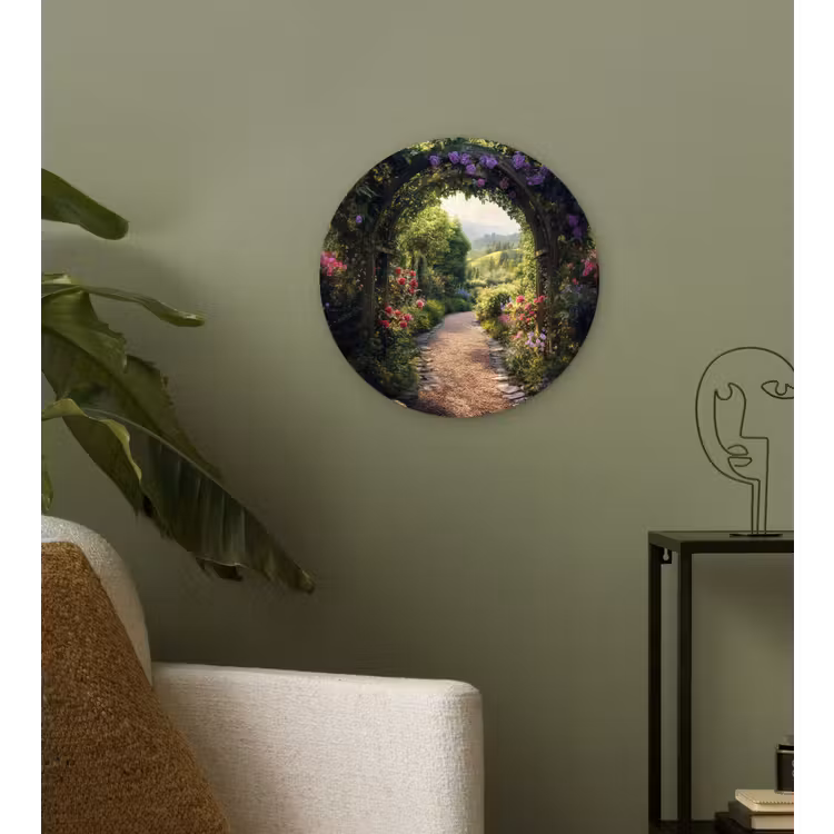 Doorkijk - Landschap - Bloemen - Tuinboog - Natuur Wandcirkel kunststof plaat 5mm dik klein -sfeer3