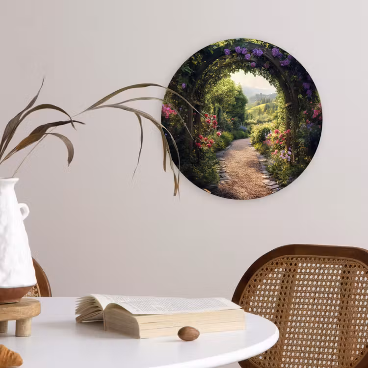 Doorkijk - Landschap - Bloemen - Tuinboog - Natuur Wandcirkel kunststof plaat 5mm dik klein -sfeer4