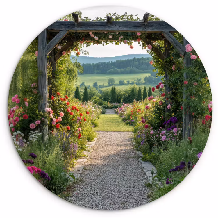 Doorkijk - Landschap - Natuur - Tuinboog - Bloemen Wandcirkel kunststof plaat 5mm dik klein -3d