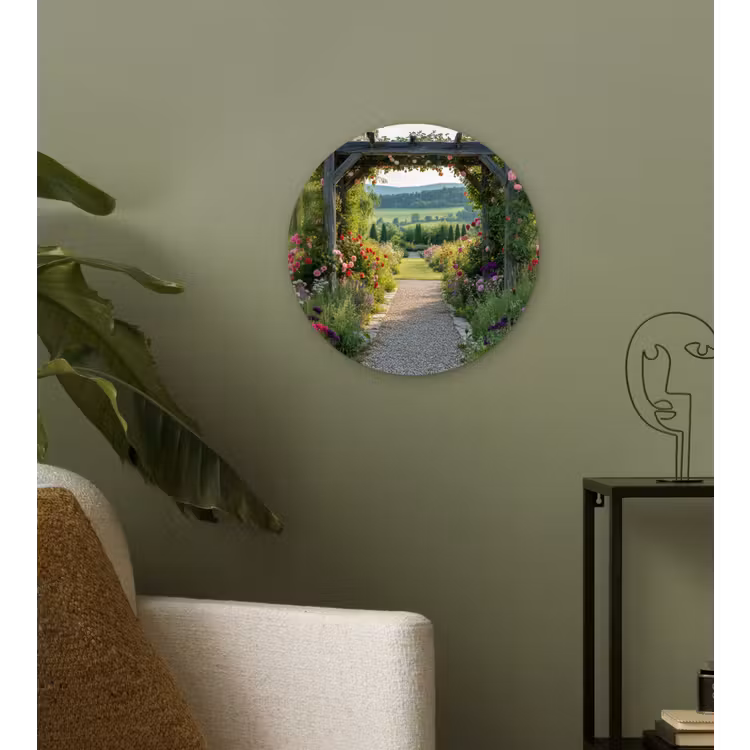 Doorkijk - Landschap - Natuur - Tuinboog - Bloemen Wandcirkel kunststof plaat 5mm dik klein -sfeer3