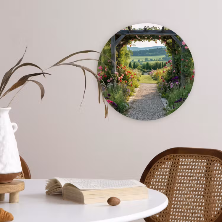 Doorkijk - Landschap - Natuur - Tuinboog - Bloemen Wandcirkel kunststof plaat 5mm dik klein -sfeer4