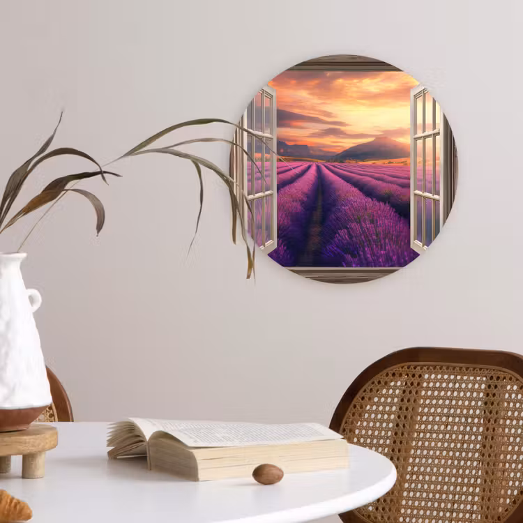 Doorkijk - Lavendel - Landschap - Bloemen - Paars Wandcirkel kunststof plaat 5mm dik klein -sfeer4