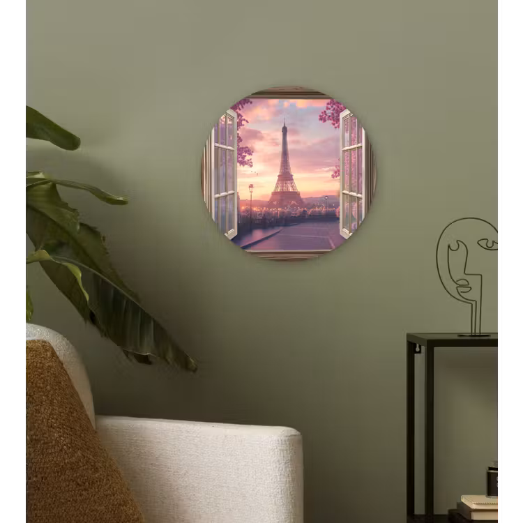 Doorkijk - Parijs - Eiffeltoren - Roze - Kersenbloesem Wandcirkel kunststof plaat 5mm dik klein -sfeer3