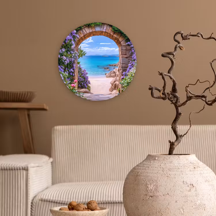 Doorkijk - Poort - Zee - Strand - Rotsen Wandcirkel kunststof plaat 5mm dik klein -sfeer1