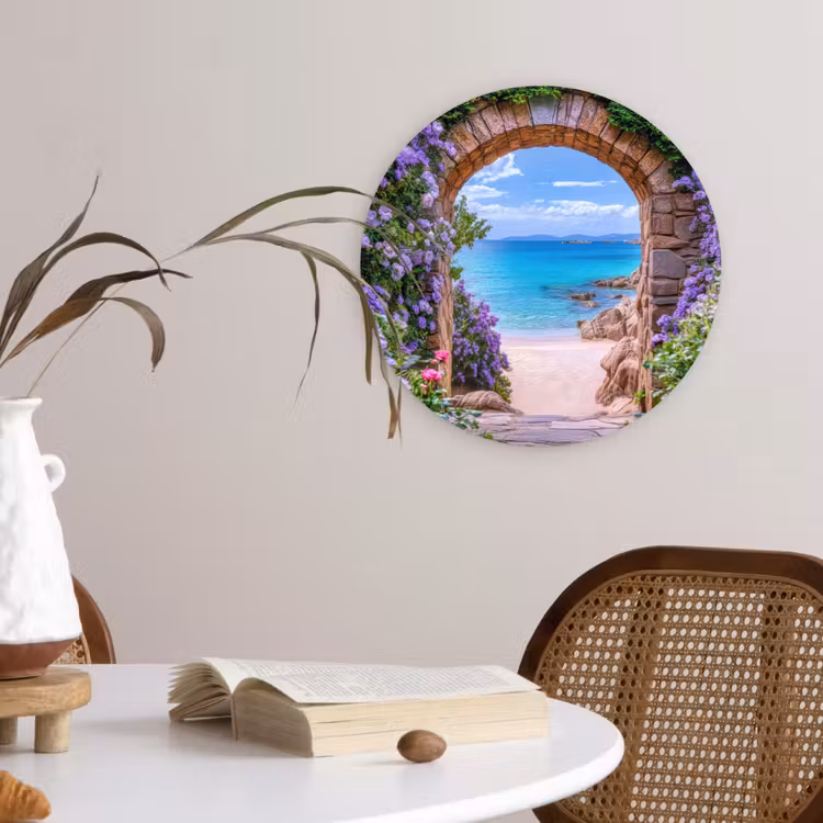 Doorkijk - Poort - Zee - Strand - Rotsen Wandcirkel kunststof plaat 5mm dik klein -sfeer4