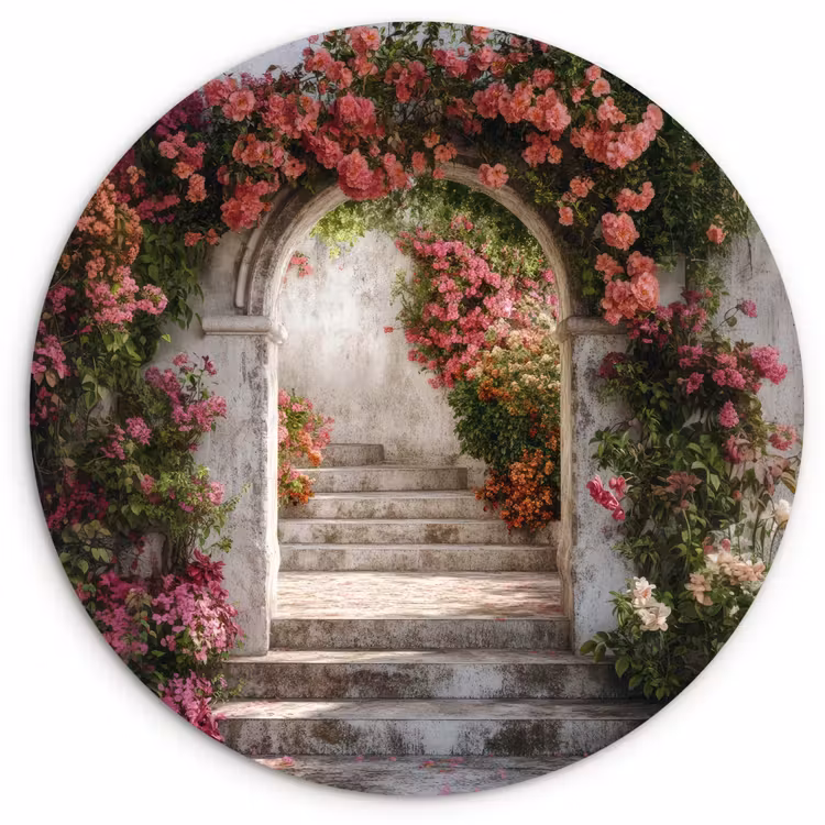 Doorkijk - Rozen - Vintage - Poort Wandcirkel kunststof plaat 5mm dik klein -3d
