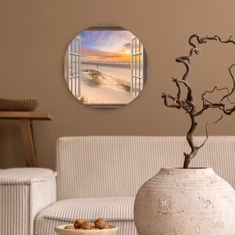 Doorkijk - Strand - Duinen - Natuur - Landschap Wandcirkel kunststof plaat 5mm dik klein -sfeer1